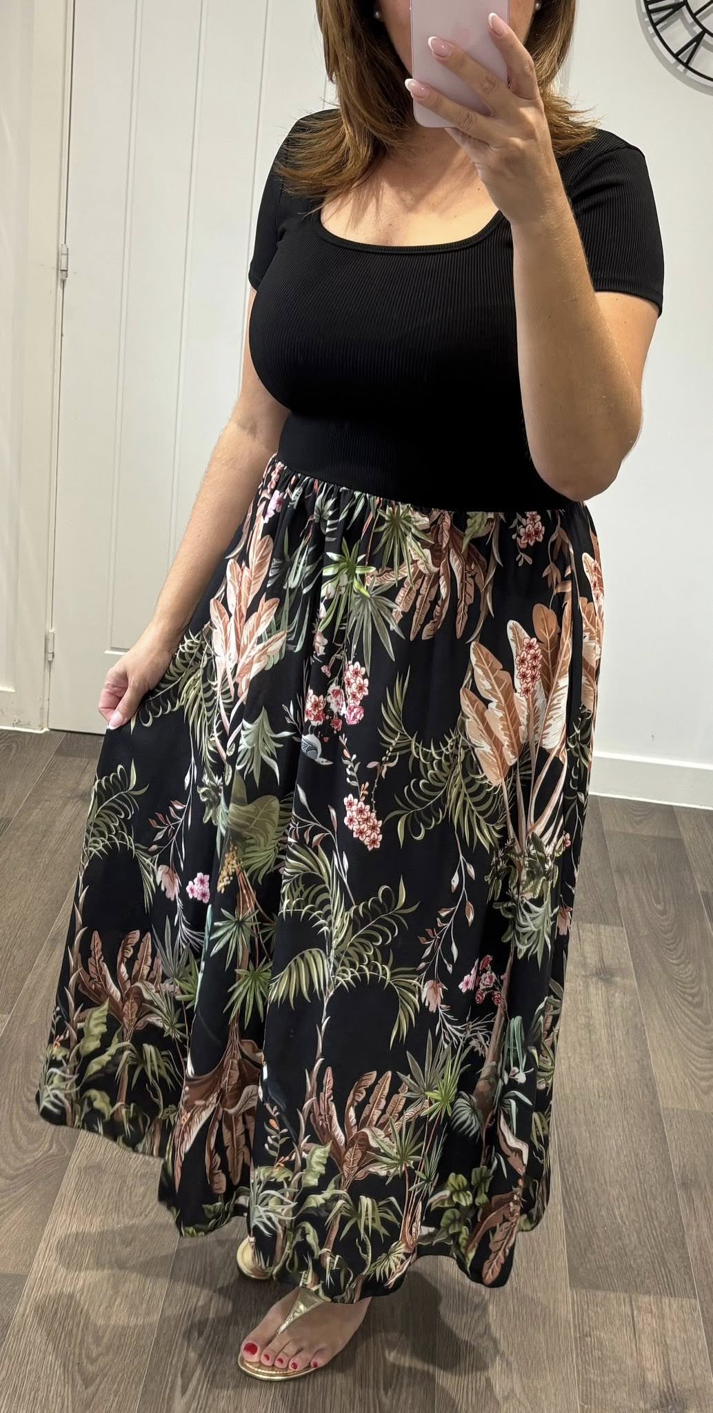 Ribbed Stretch Top Tropical Skirt Pocket Skirt Dress - Black