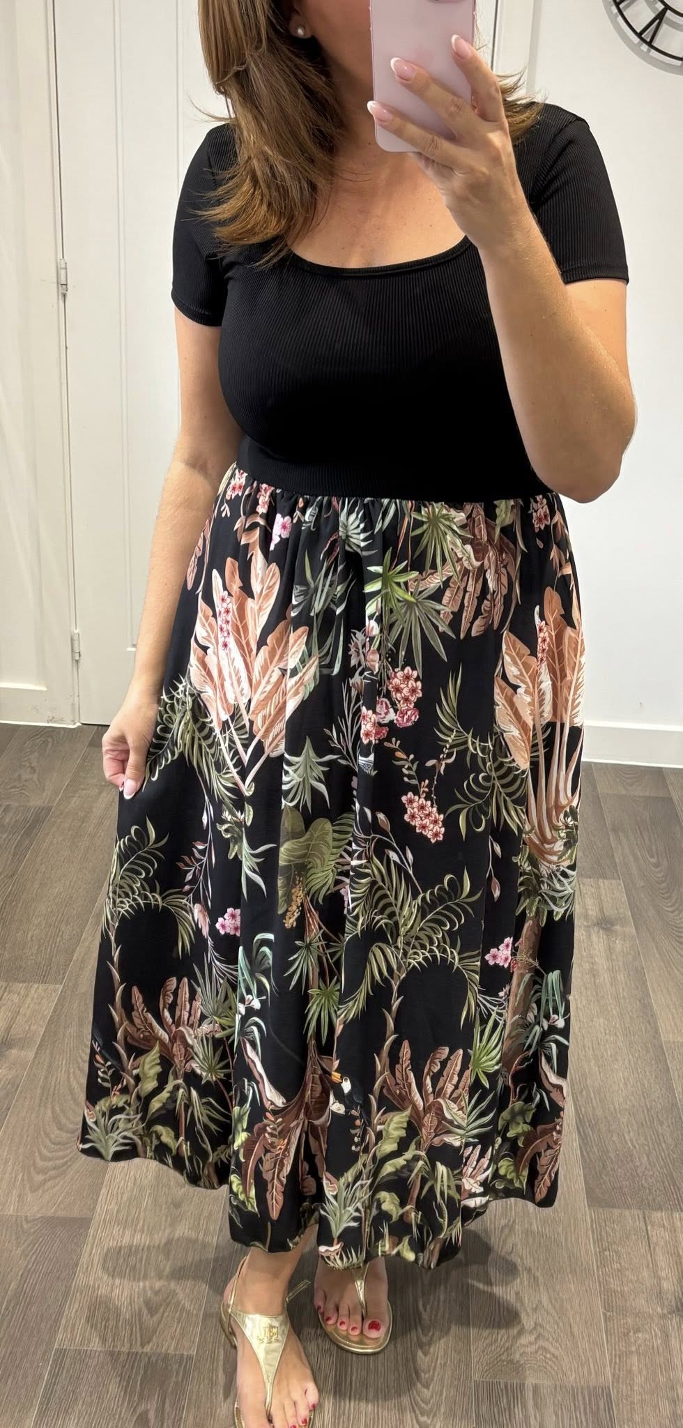 Ribbed Stretch Top Tropical Skirt Pocket Skirt Dress - Black - Image 3