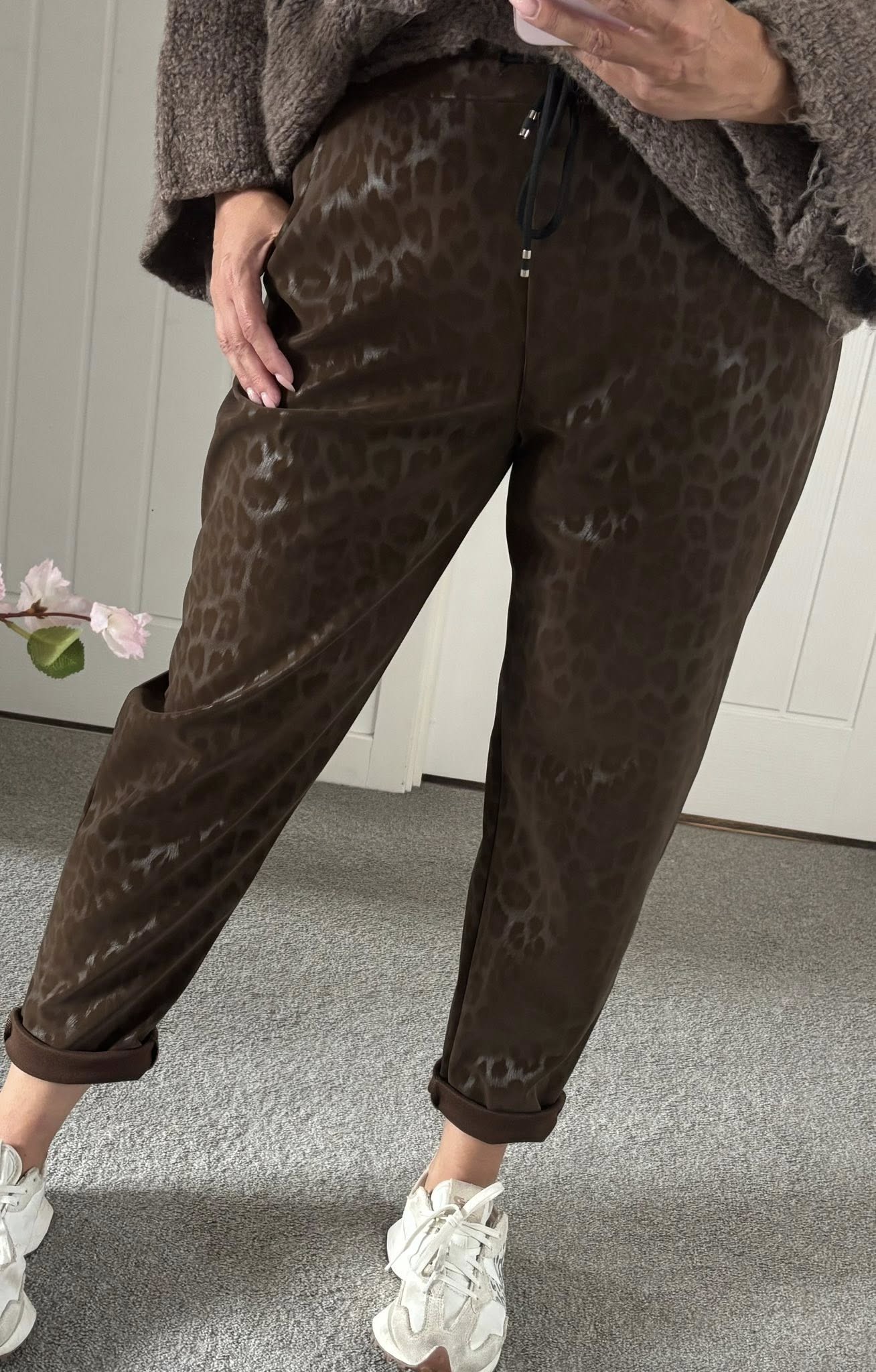 PU Coated Animal Print Embossed Magic Joggers - Chocolate