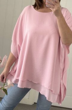 Frill Sleeve Asymmetric Hem Loose Fit Tunic/Top - Soft Pink