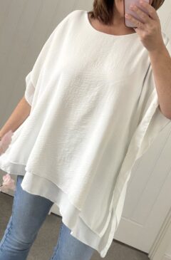 Frill Sleeve Asymmetric Hem Loose Fit Tunic/Top - Off White