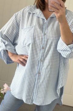 Gingham Check Oversized Hi-Low Shirt - Soft Blue Mix