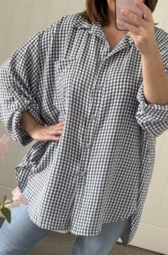 Gingham Check Oversized Hi-Low Shirt - Navy mix