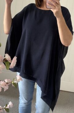 Frill Sleeve Asymmetric Hem Loose Fit Tunic/Top - Navy