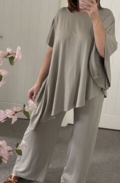 Asymmetric 2 Piece Trouser Suit - Taupe