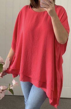 Frill Sleeve Asymmetric Hem Loose Fit Tunic/Top - Coral