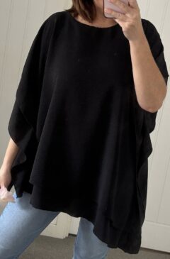 Frill Sleeve Asymmetric Hem Loose Fit Tunic/Top - Black