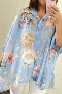 Summer Floral Silk Look Oversized Shirt/Blouse - Powder Blue