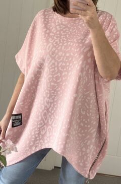 Animal Print Zip Side Sweat Top - Soft Pink