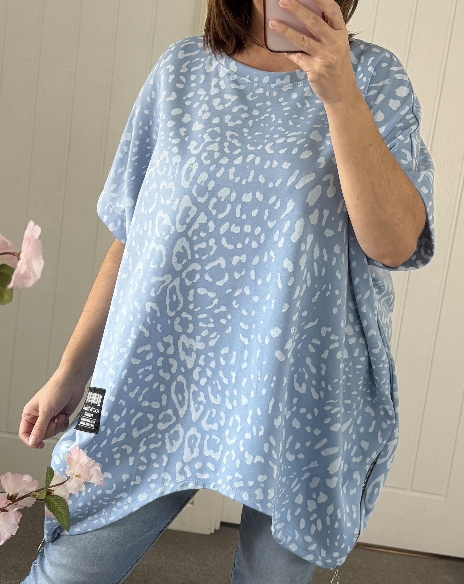 Animal Print Zip Side Sweat Top - Soft Blue