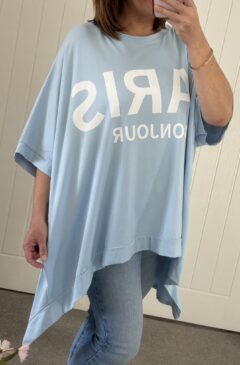 Paris Logo Oversized Hi-Low T-Shirt - Baby Blue