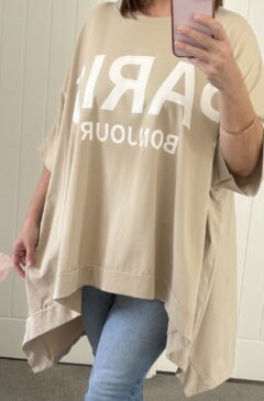 Paris Logo Oversized Hi-Low T-Shirt - Taupe