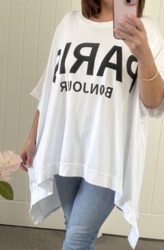 Paris Logo Oversized Hi-Low T-Shirt - White