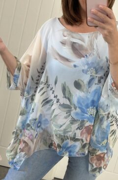 Silk Look Floral Print Batwing Top - Blue Mix