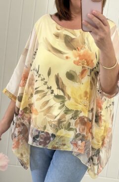 Silk Look Floral Print Batwing Top - Lemon Mix