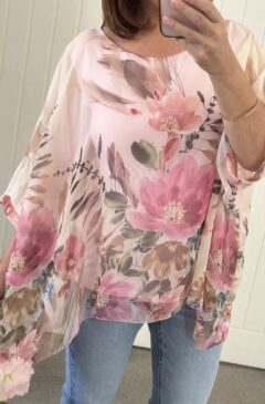 Silk Look Floral Print Batwing Top - Pink Mix
