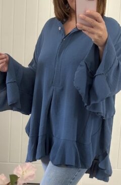 Frill Trim Oversized Tunic/Shirt - Denim Blue