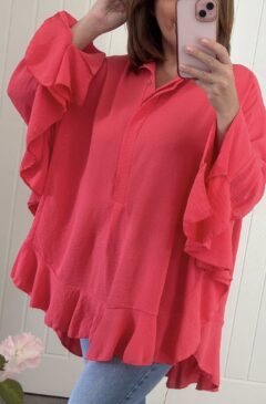 Frill Trim Oversized Tunic/Shirt - Coral
