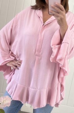 Frill Trim Oversized Tunic/Shirt - Soft Pink