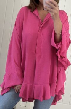 Frill Trim Oversized Tunic/Shirt - Hot Pink