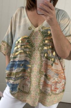 Gold Foil Glitter Lurex Thread Print Loose Fit Top - Mediterranean Print