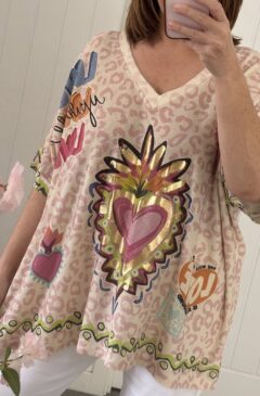 Gold Foil Glitter Lurex Thread Print Loose Fit Top - Animal/Heart Print