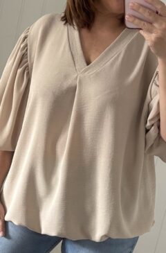 Puff Sleeve Bubble Hem Crepe Top - Beige