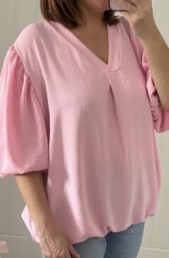 Puff Sleeve Bubble Hem Crepe Top - Pink