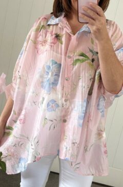 Summer Floral Silk Look Oversized Shirt/Blouse - Pastel Pink